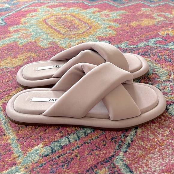 Zara | Women's Mauve Puffer Quilted Crossover Strap Slide On Flats, size 8.5 - Picture 10 of 16